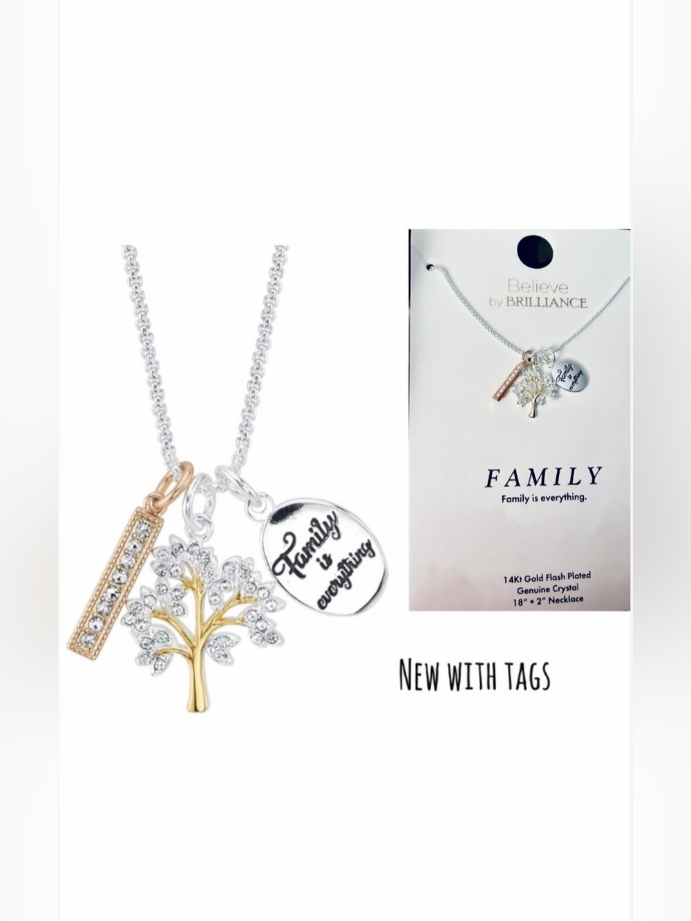 Family is Everything Tree Necklace - Tri tone nwt 14k fp gift silver gold new